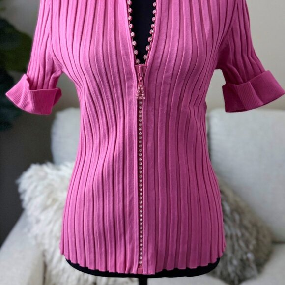 Belldini Sexy Pink Rhinestone Crystal Zipper Mock Neck Collared Shirt Medium M - Picture 4 of 6